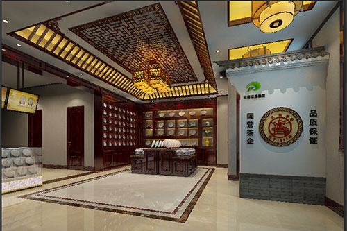 两当古朴典雅的中式茶叶店大堂设计效果图